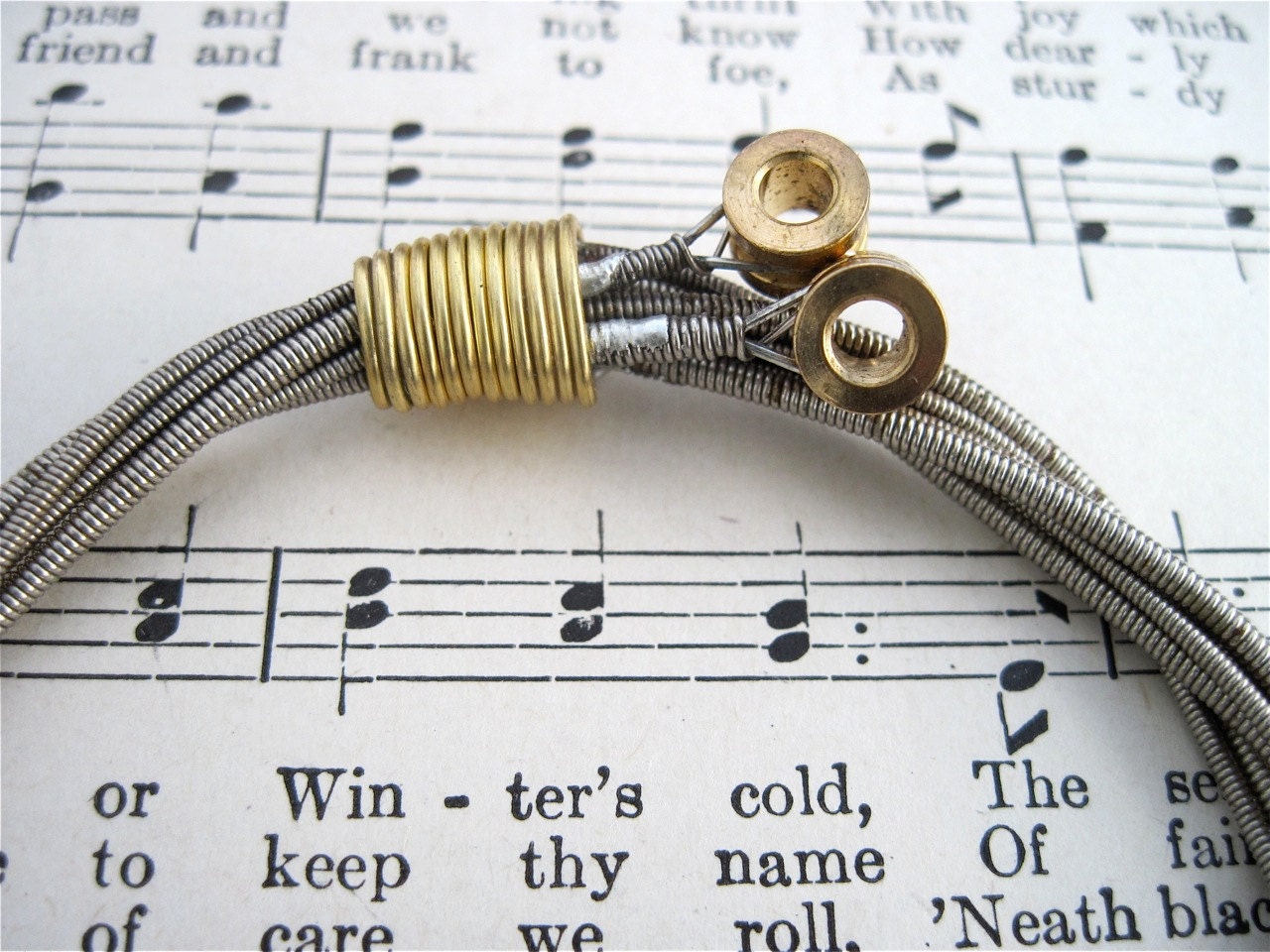 Recycled Bass Guitar String Bracelet silver colored with brass ball ends attached Unisex MEDIUM free shipping to US