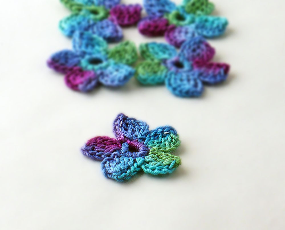Crochet Applique Motif Mini Flower Blue Teal Purple Green