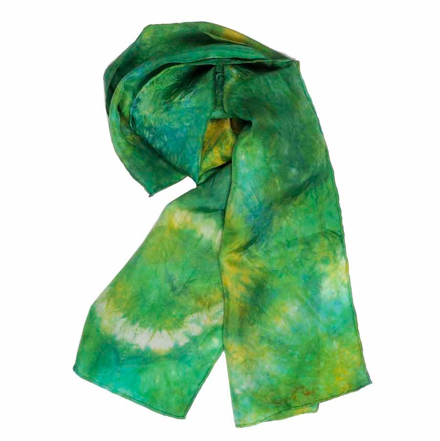 Silk Scarf, Hand Dyed: Green with Yellow Starbursts