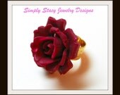 Vintage Style Matte Deep Red Rose Cocktail Ring - Gold