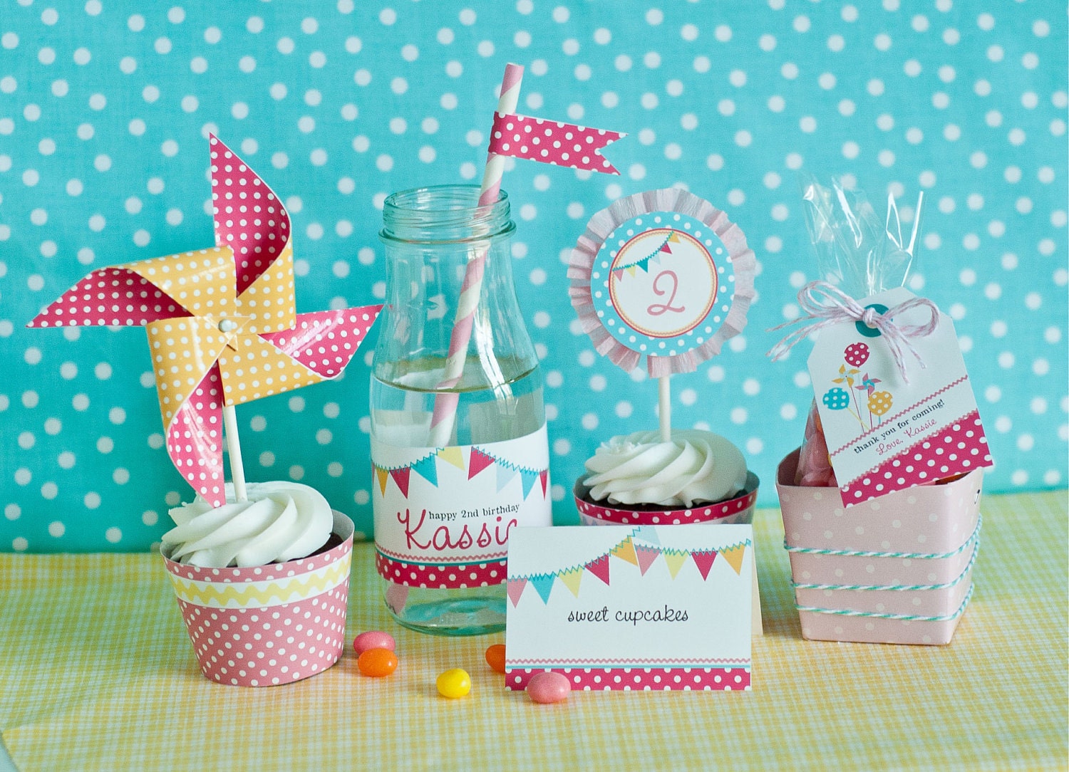 PINWHEELS PENNANTS and POLKA Dots Birthday Party - Customized Balloons Pennants Pinwheels Printables - Printable Coordinating Collection