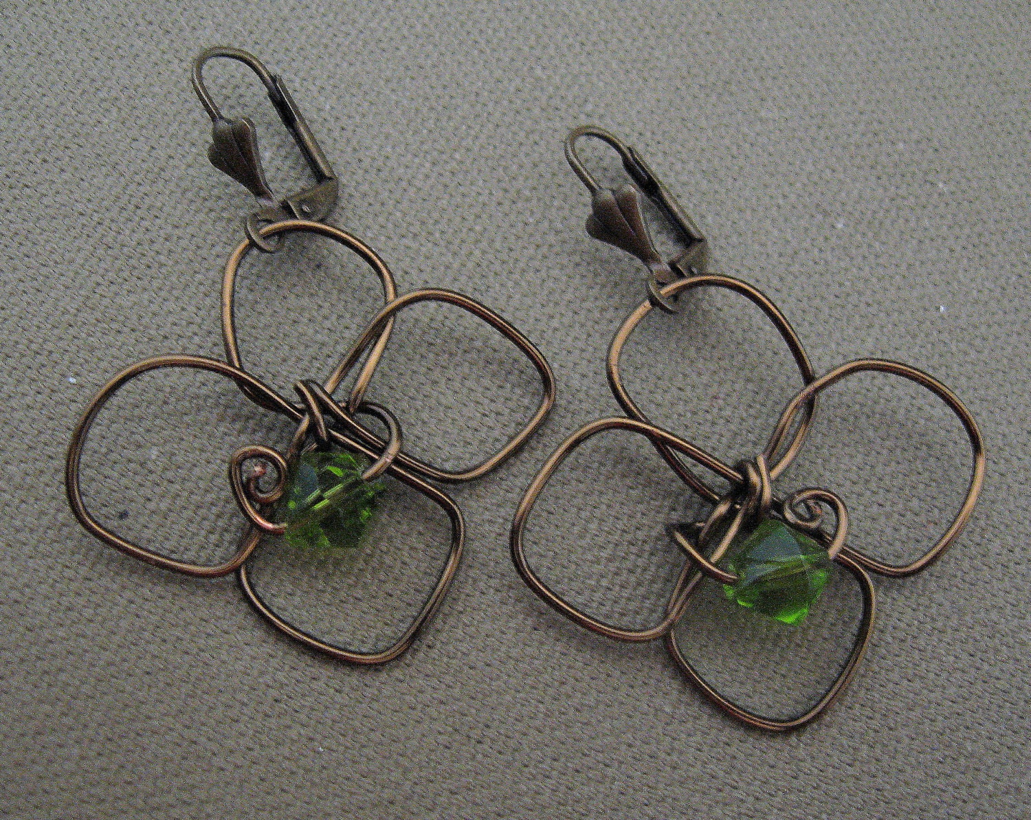 Wire Wrapped Flower Green Crystal Earrings