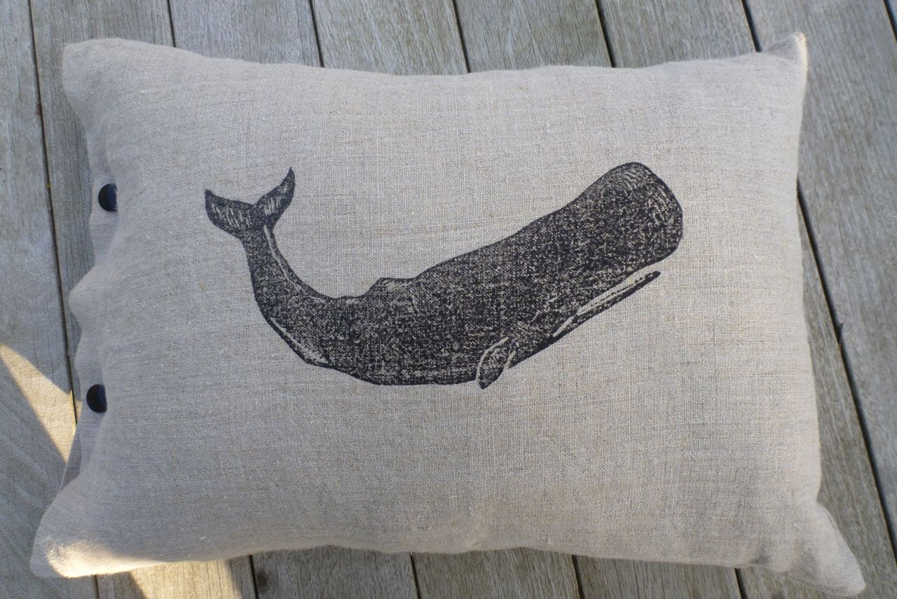 pillow cushion linen whale marine ocean mammal block print (graphite on toast linen)