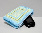Crochet Purse ID Card/Photo Holder Coin Purse Card Wallet Zippered Small Purse Tweed Baby Blue with Yellow
