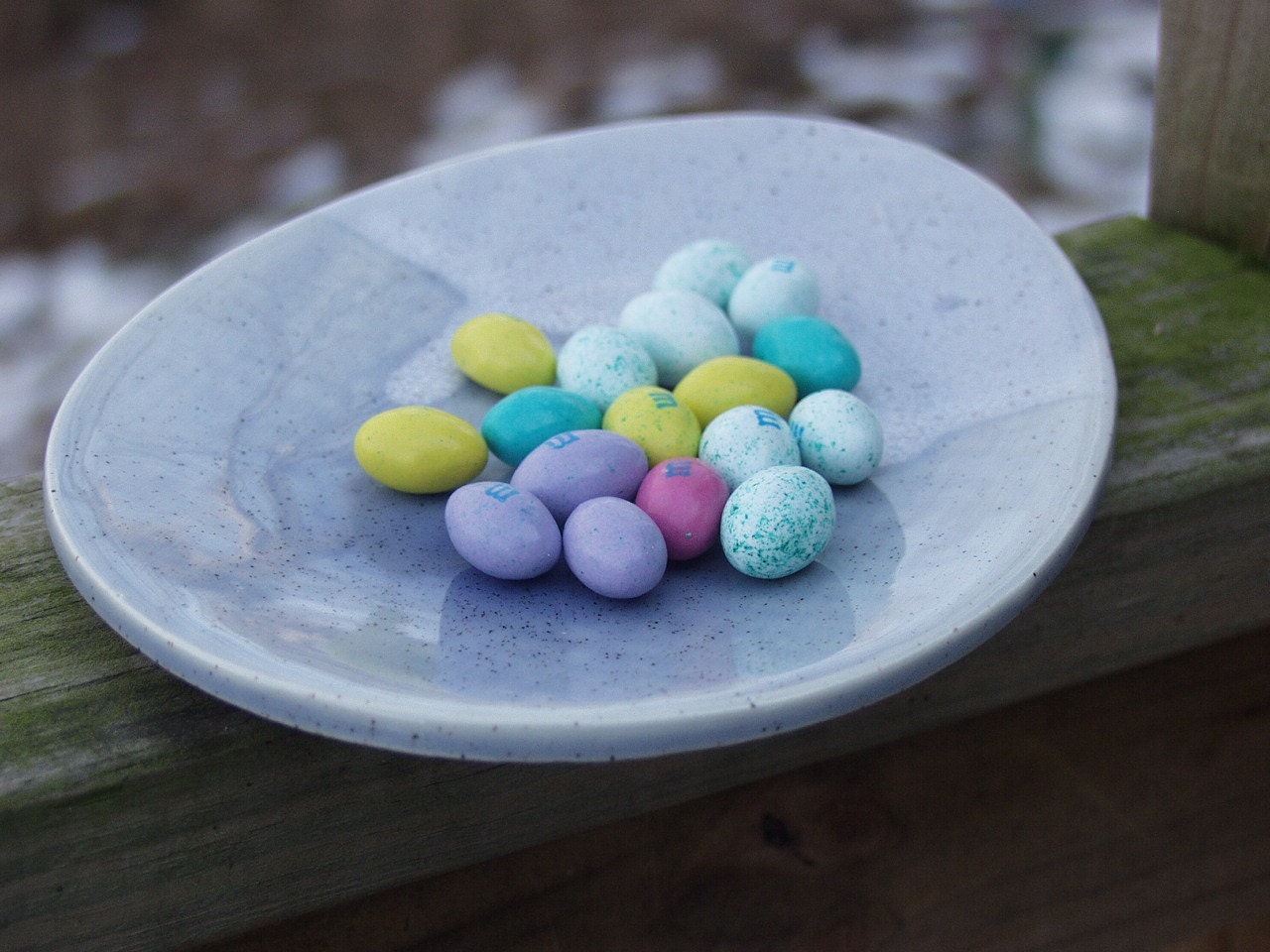 Easter Egg Candy Dish Serving Appetizer Plate Blueberry and Speckeled White