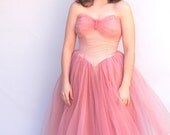 Vintage 1950s Dress - Pink Fluff - Dusty Pink Tulle Cupcake Tea Length Prom Dress