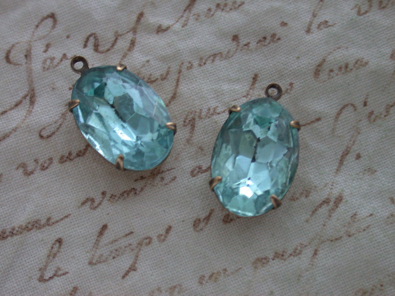 2 DOLLAR SALE - Vintage Light Aquamarine Glass Jewel Oval Charms - Antiqued Brass Settings - 16x11mm - Oxidized Brass