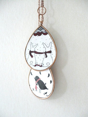 Illustrated Pendant /Sharing Scarves, Raindrop Bunny Love On Cloudy Days