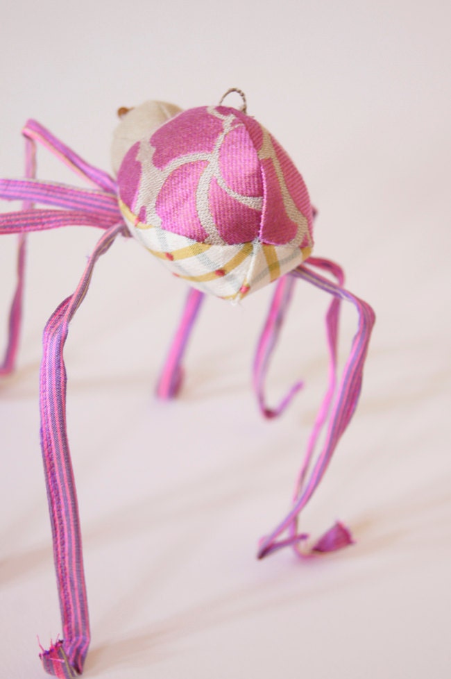 Spider Soft Sculpture Pink Silk and Beige Linen