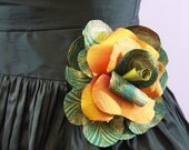 Camellia Silk Corsage - Liberty Green and Orange Print