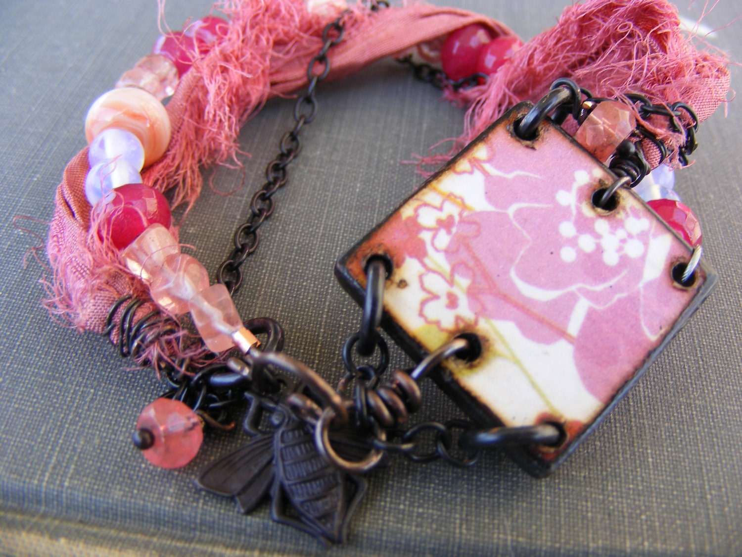 Spring Blushes Pink Bracelet:  Flower Ephemera Tile Pink Sari Silk Gemstones and Bee Bracelet - SoulsFireDesigns