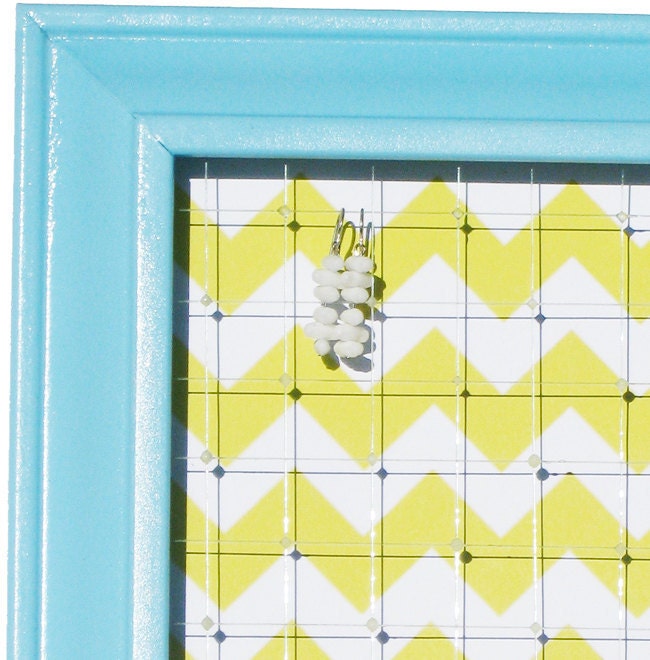Large Earring Display Frame // Organize, Store & Hang Earrings // Aqua Blue, Lemon Yellow Chevron Print // Repurposed Salvaged Materials