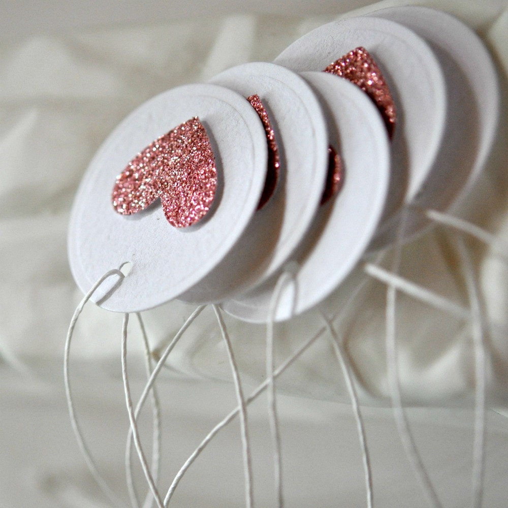6 Pink Glitter Heart Tags Threaded White