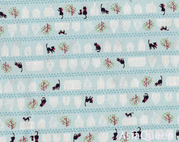 Cats walk on the white house off-blue 1 yard cotton