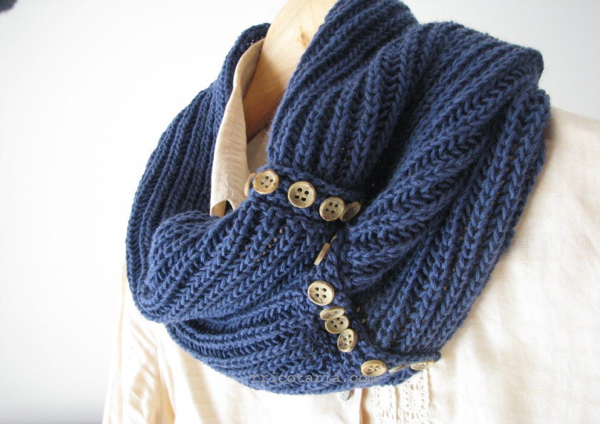 Denim blue fashion knitted cowl with sewn buttons - europeanstreetteam - ptteam