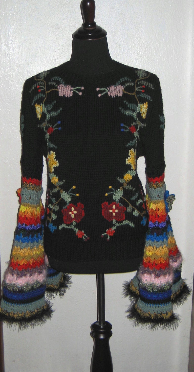 Garden at the end of the Rainbow Vintage Recycled Sweater with half Weasley Sleeves and crocheted flowers, rainbow colors, Available Now
