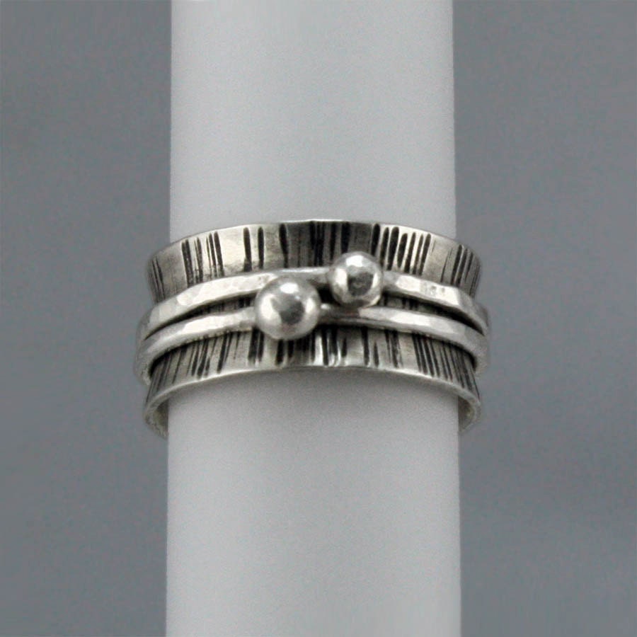 Silver Spinner Ring with Silver Dots - Recycled Sterling Fidget Band, Two Bands - FREE shipping