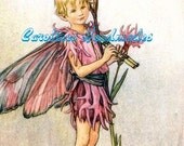 Pink Flower Boy Fairy Reproduction Cotton Fabric Art Print 3.5X5" Applique