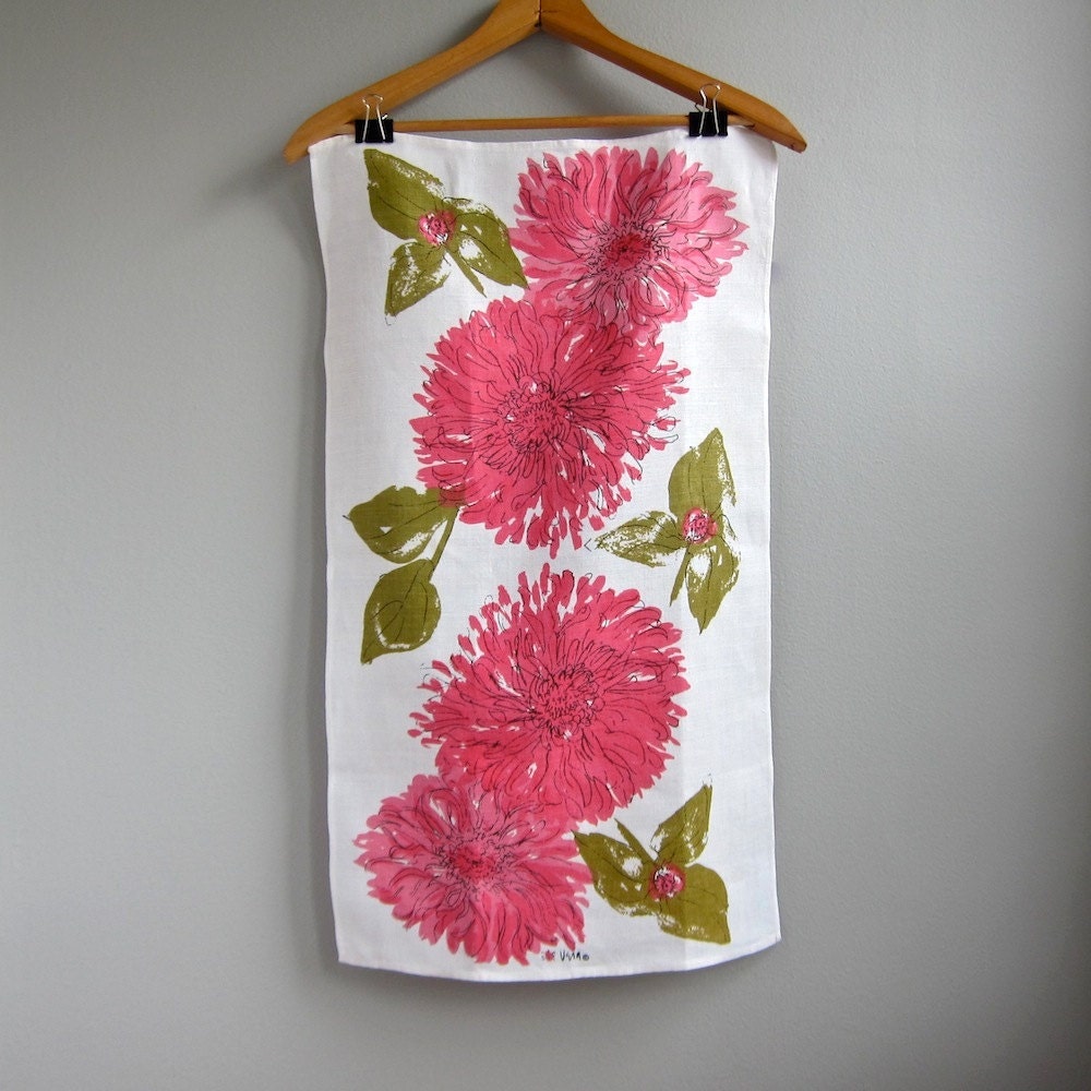 Vera Neumann Linen Tea Towel with Pink Flowers, 1960s