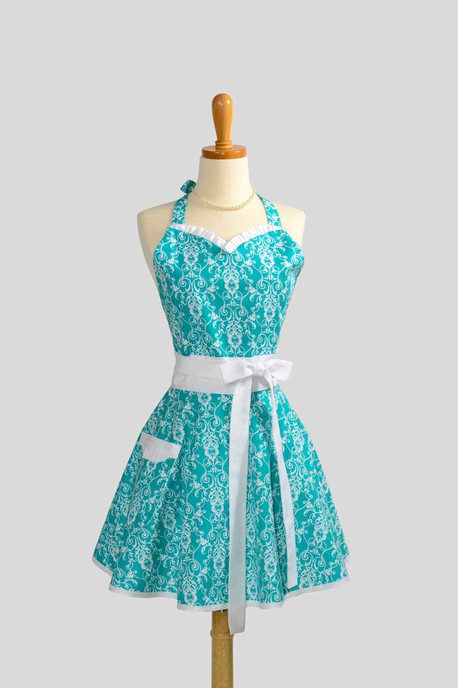Womens Sweetheart Hostess Apron . Feminine Retro Ruffled Sweetheart Neckline Teal Damask and White