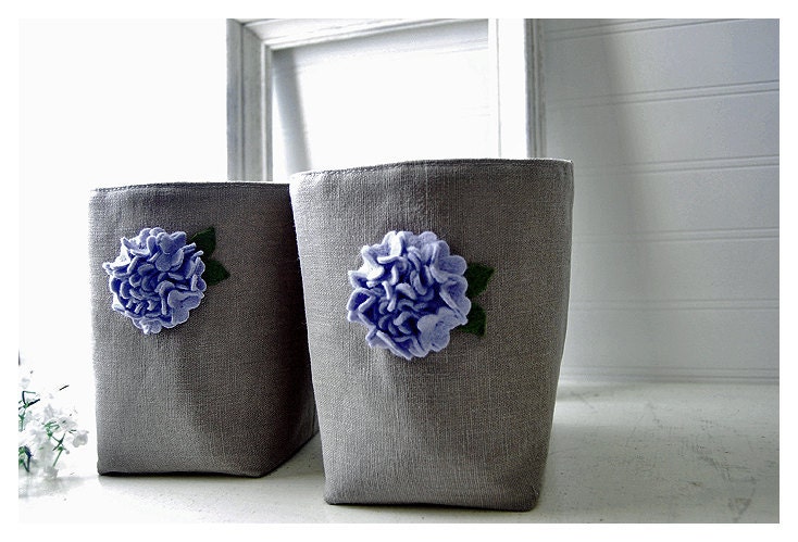 Flower Grey Gray linen Box bin basket Storage Set 2  Weddings decor Party Gift Wrap  periwinkle blue Fabric Organizer tagt team