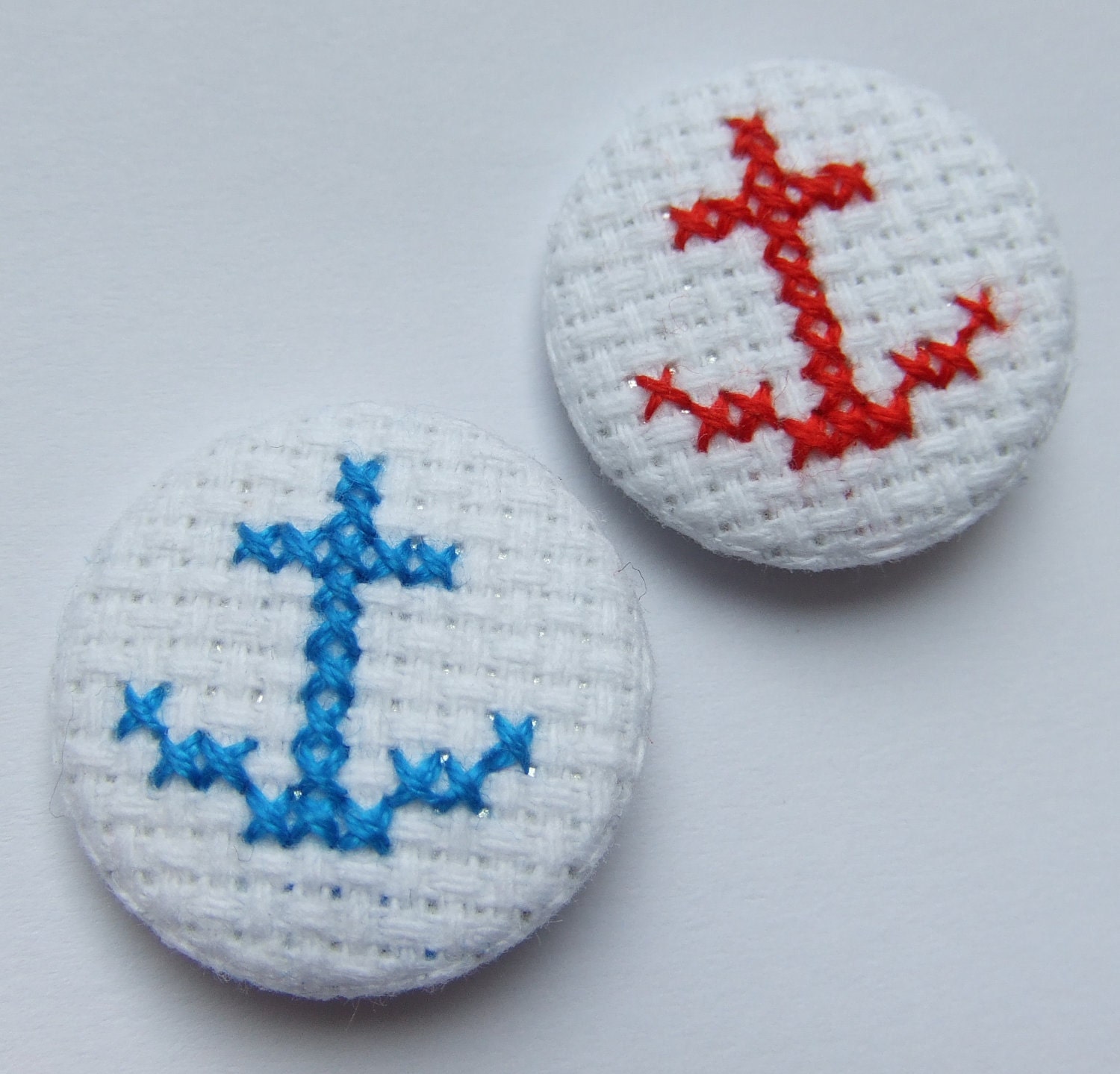 Nautical Anchor Button Badge Hand Sewn in Cross Stitch Available in Red or Blue