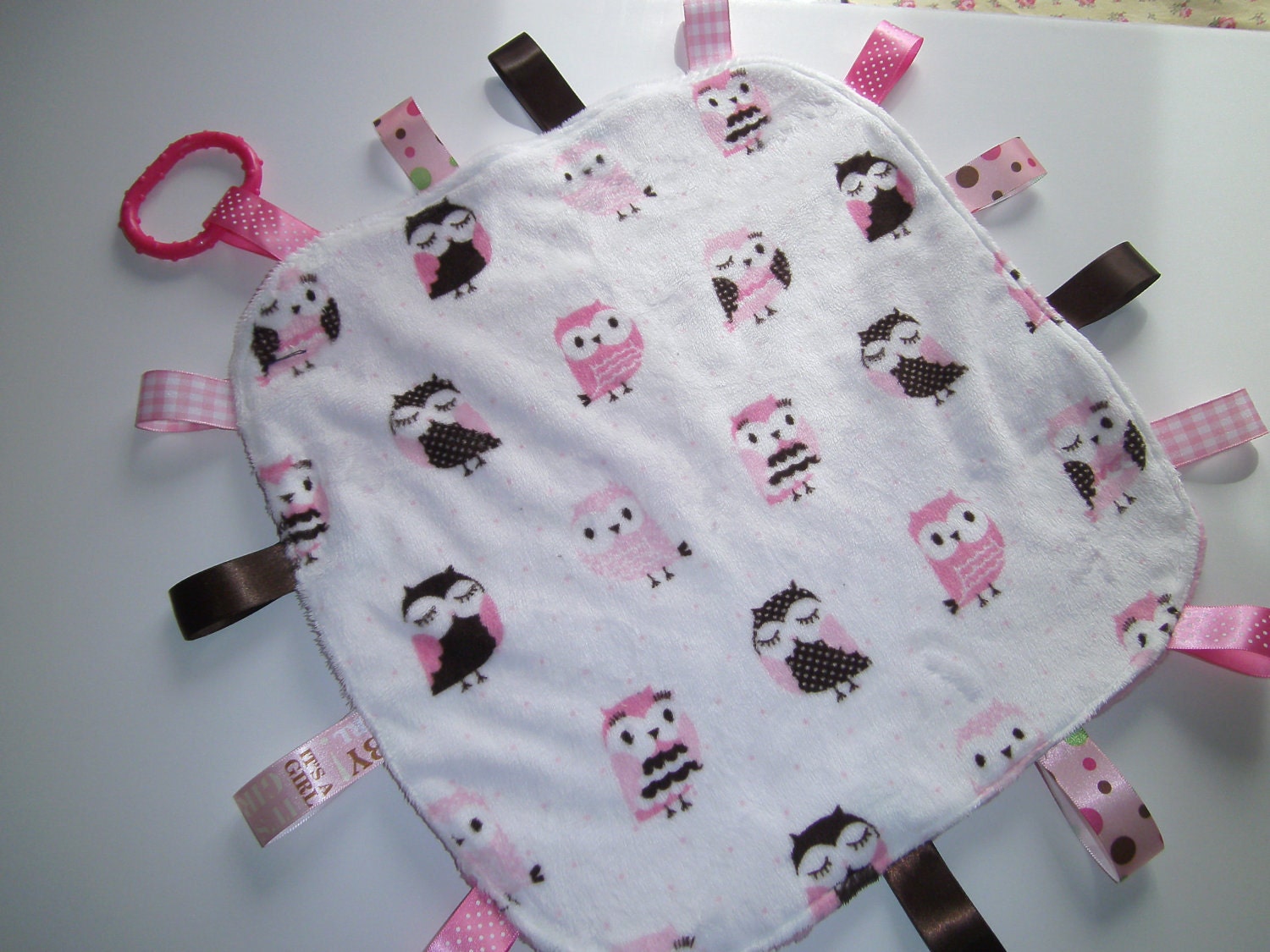 Tag Blanket, Owls, Pink, Brown, Baby