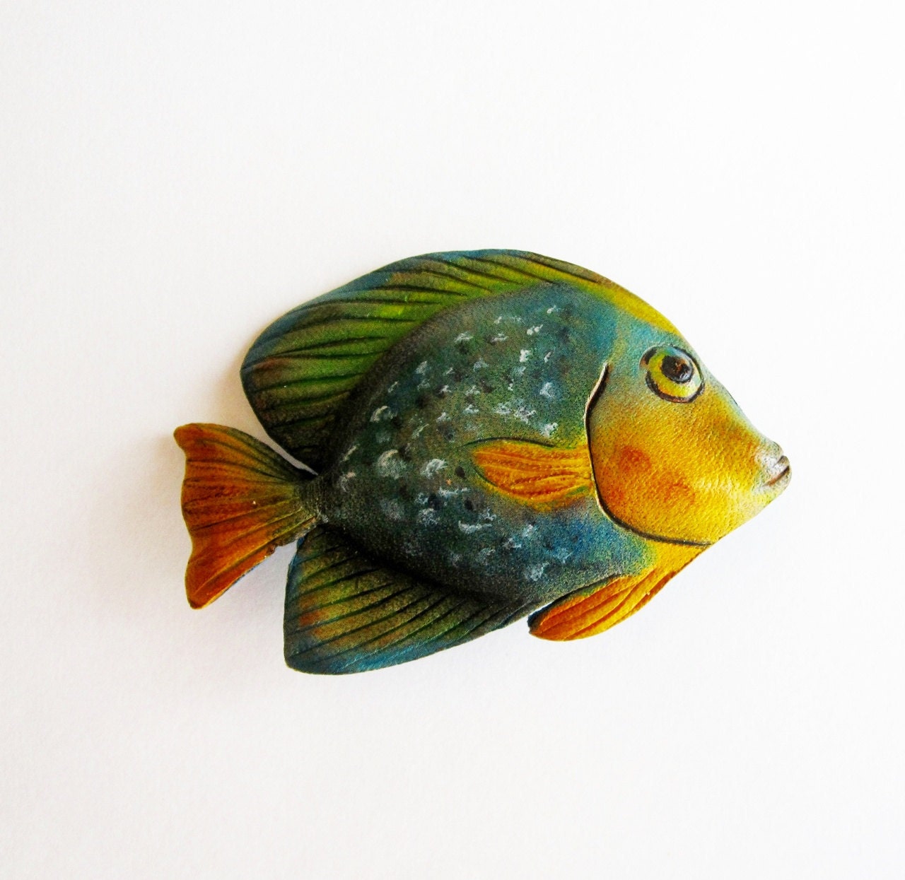 Vintage Leather Fish Brooch in Blue Green and Yellow