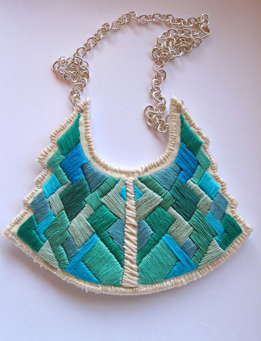Statement bib necklace art deco geometric tribal handmade embroidered in beautiful greens and blues modern jewelry - AnAstridEndeavor