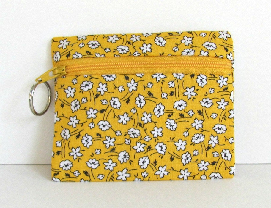 Sunshine Yellow Coin Pouch Small Zipper Purse / Money Pouch with Key Ring Spring Flowers