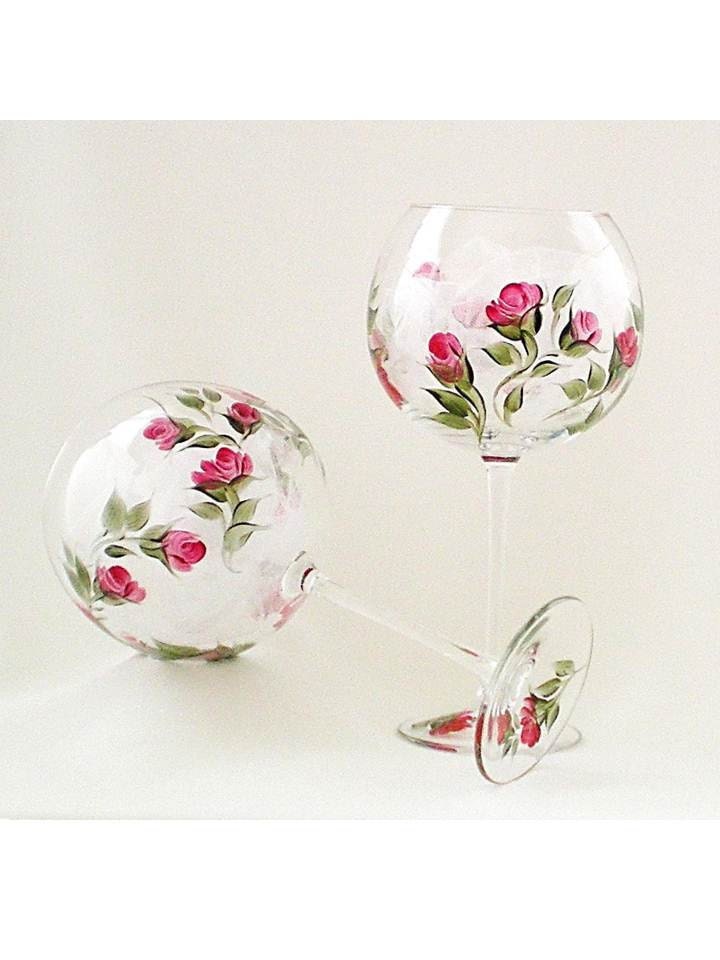 Hand Painted Red Wine Fine CRYSTAL Goblets - Modern Red Rose Buds, Fresh Green Leaves - Set of 2 - Mothers Day Spring Weddings