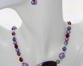 Purple Agate Necklace/Earrings Set, lilac Pearls and Iridescent Crystal