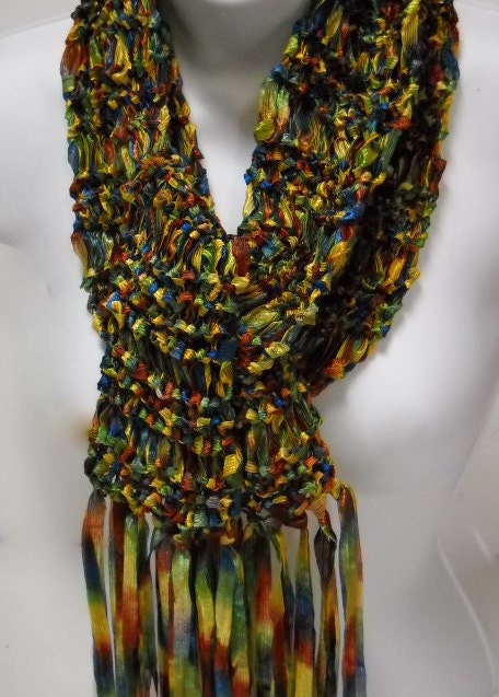 Handknit Scarf Tie Dyed Look Ribbon Yarn