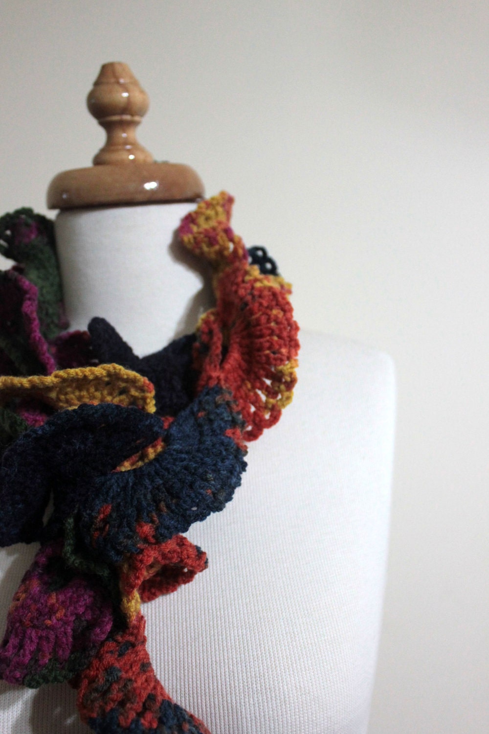Hand Crochet Lariat, Holiday Fashion - Colorful Frilly  Scarf - Wonderful Gift , Orange,Green, Pink, Blue,Mustard, Yellow Spring Fashion -