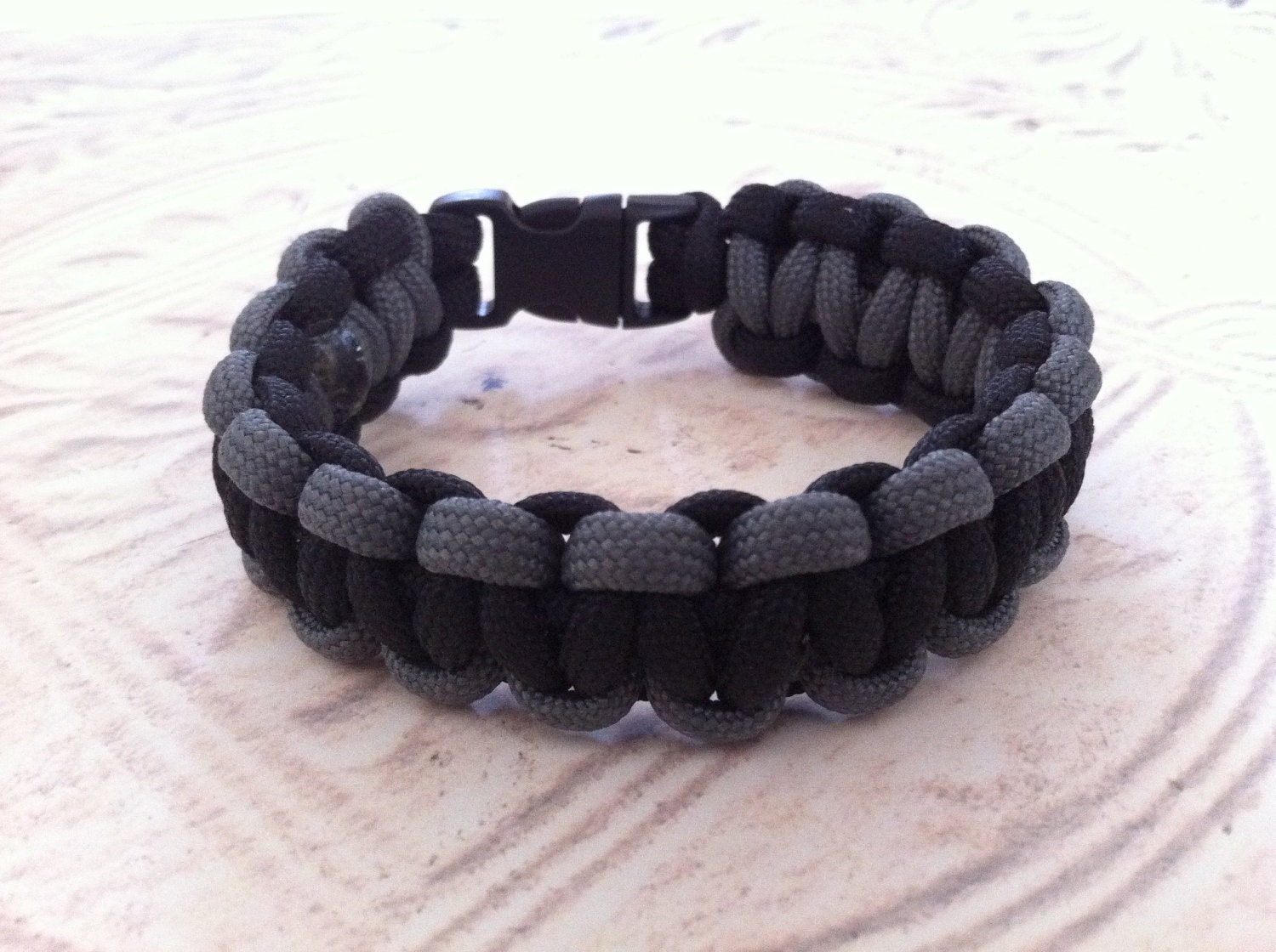 Paracord Bracelet, Grey & Black Handwoven Jewelry with Small Black Buckle