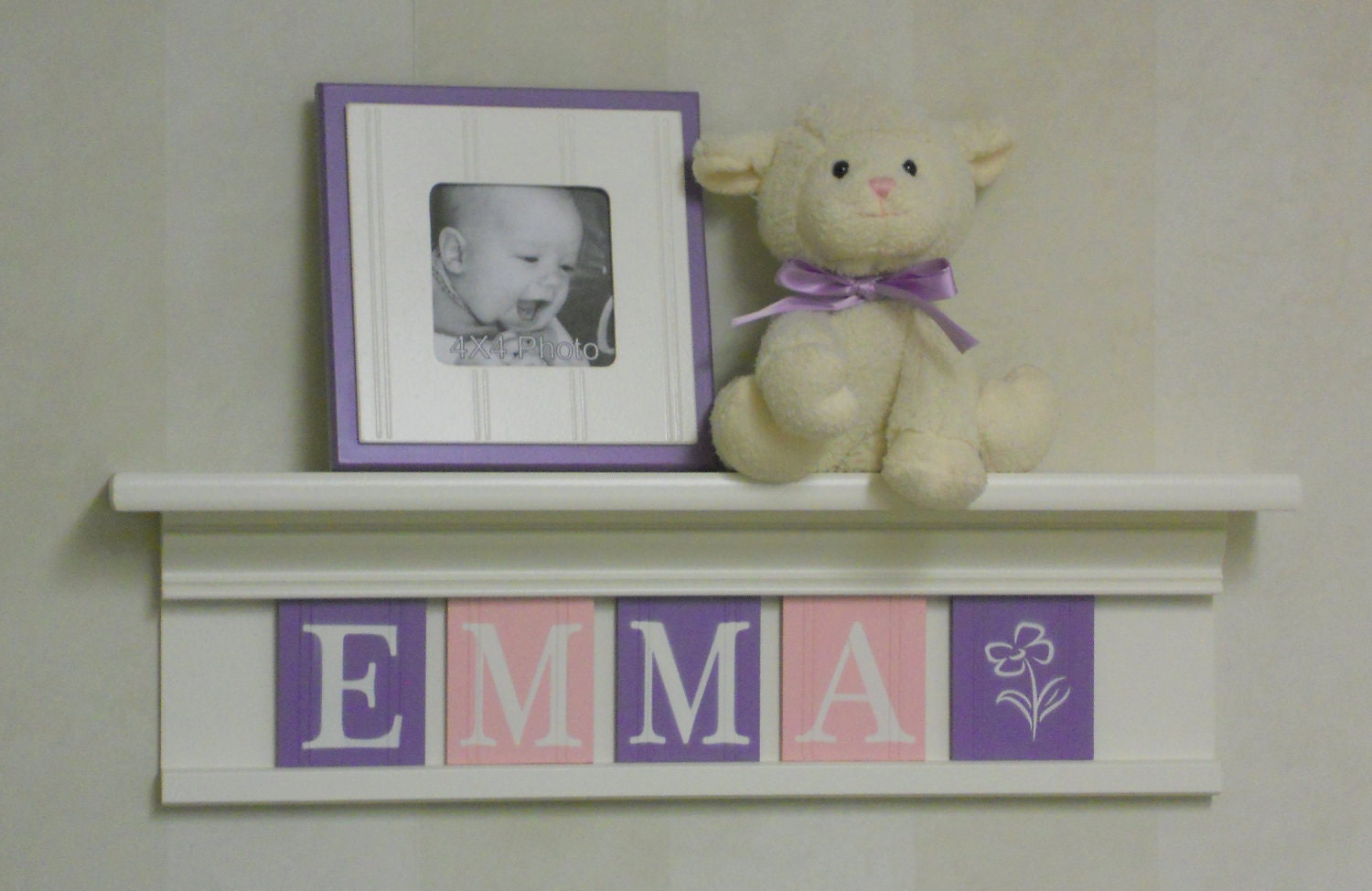 Personalized Childern Nursery Decor 24" Shelf With 5 Letter Wooden Tiles Painted Linen White, Lilac and Light Pink - EMMA with butterflies