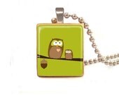 Scrabble tile  pendant  Owl  Mother and her baby(green) scrabble tile jewelry - Sale  Buy 3 Get 1 free
