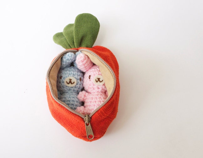 Two Small Crochet Amigurumi Bunny Rabbit in an Orange Carrot Purse/Zipper Pouch Gift Set - Choose your own color - WereRabbit2006