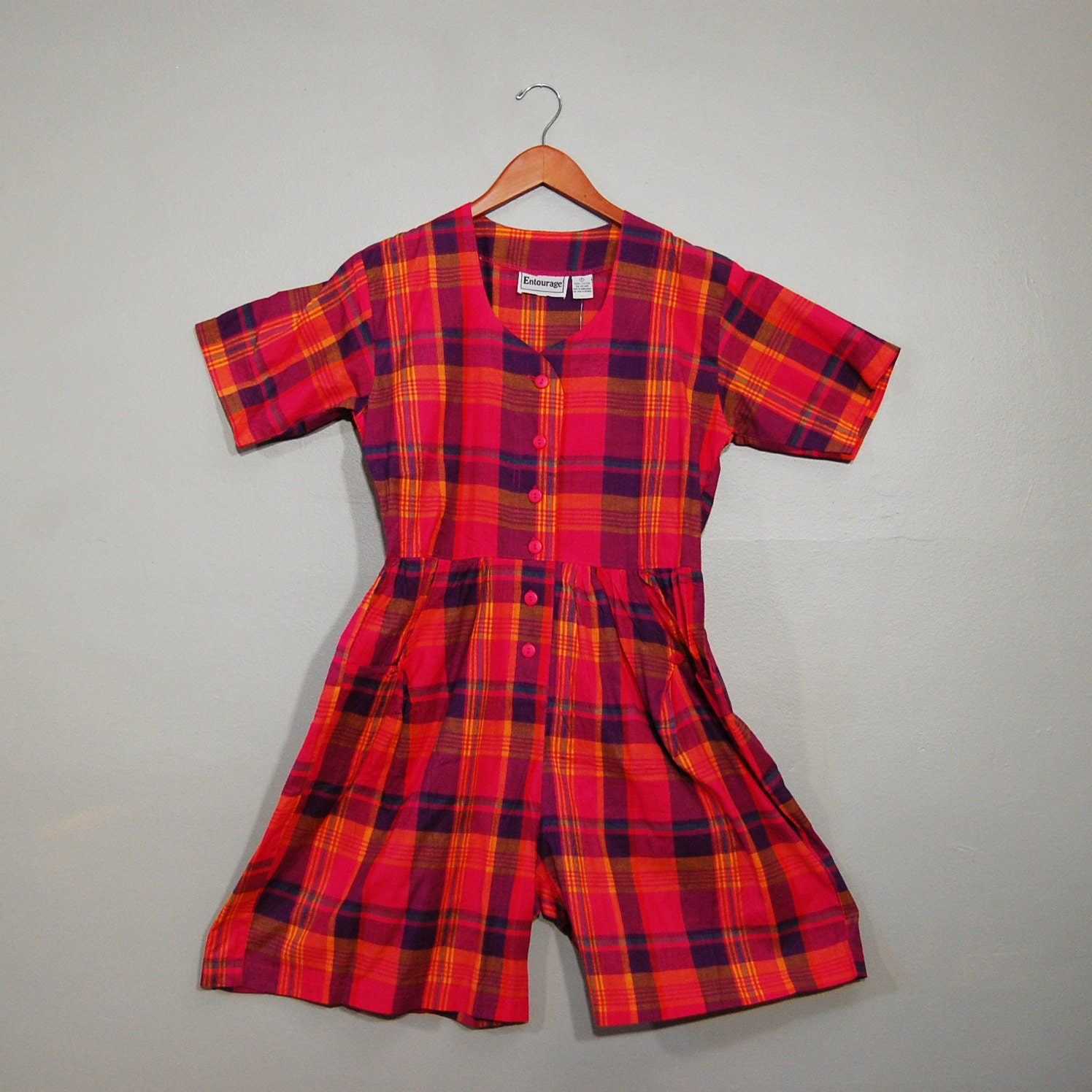 80's Deadstock Plaid Cotton Romper, S/M