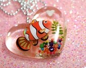 Clown Fish in Heart Shape Bowl Necklace Handmade from Clear Resin & Sprinkles...  by isewcute
