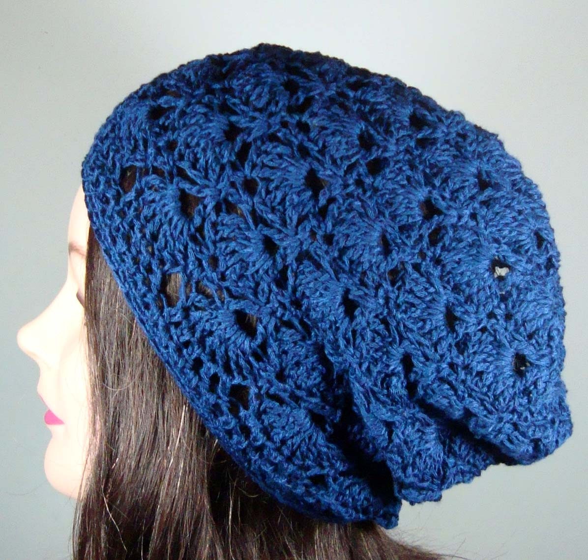 Tam Slouch Hat Bamboo Crochet Shells in Navy Blue