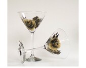 Hand Painted Martini Glasses - Metallic Gold and Ebony Modern Roses, Set of TWO Wedding Groomsman Custom Margarita Cocktail