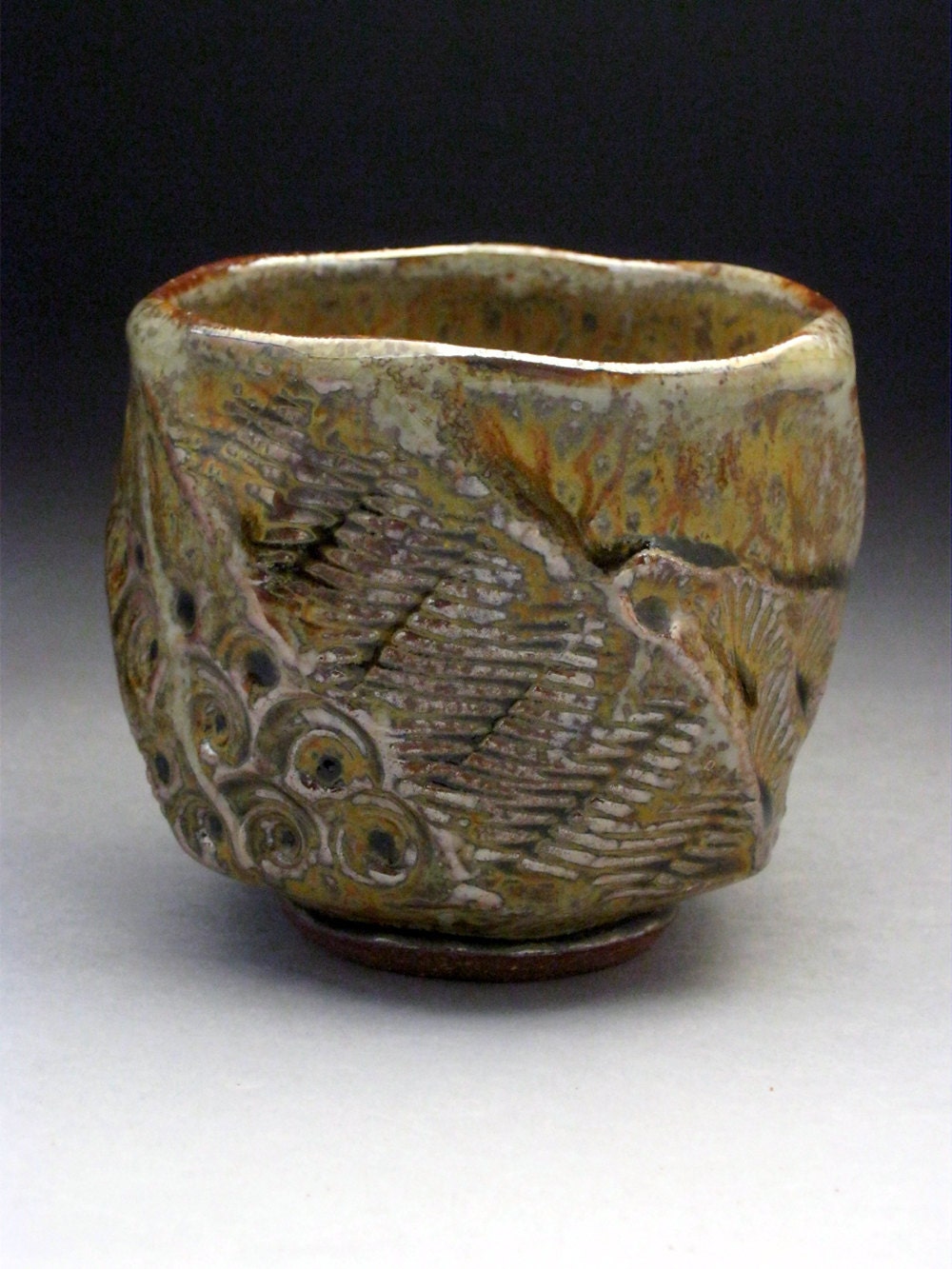 Faceted Stoneware Tea Bowl With Impressed Shell Design (Yunomi)