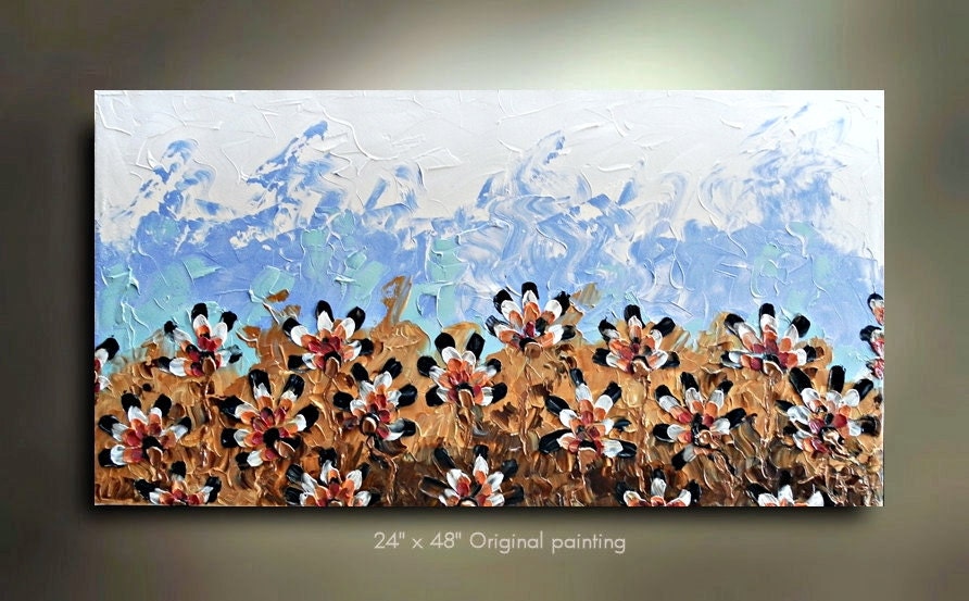 ORIGINAL 48x24 Unique Fan Flower Abstract Painting turquoise tan Floral Impasto Landscape Artwork Textured Modern Contemporary art by OTO