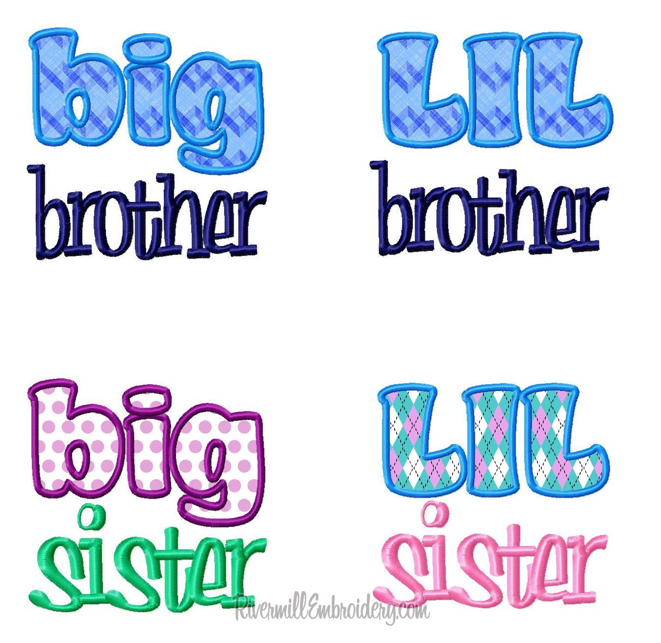 4 Pack - Lil Big Brother & Sister Applique Machine Embroidery Design - 2 Sizes Each