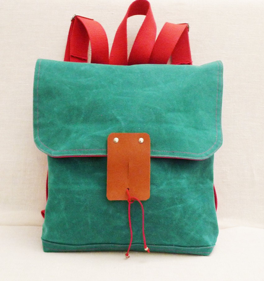 Cute Green Waxed Canvas  Backpack  with Adjustable Red Cotton Strap / School / Travel / Laptop bag / Messenger