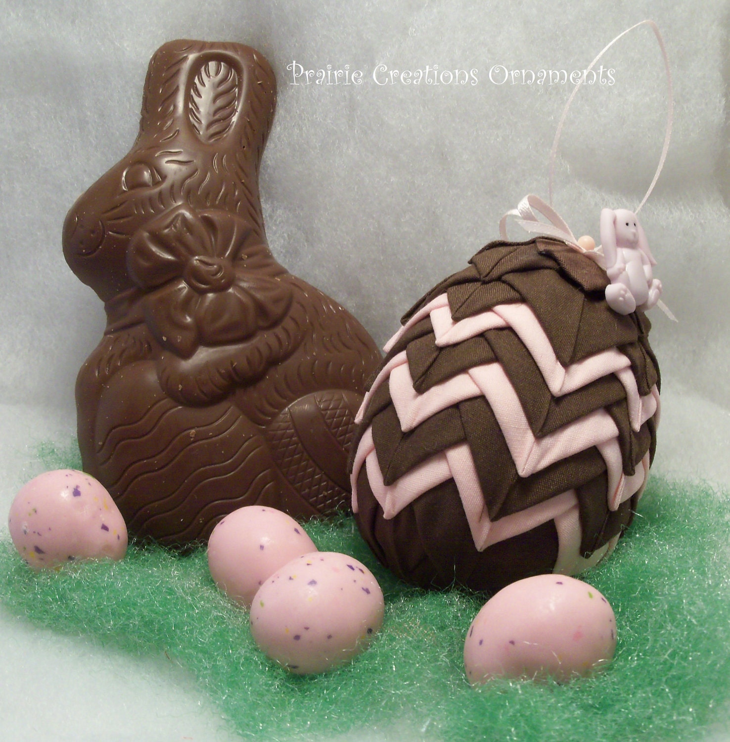 Quilted Ornament Easter Egg Chocolate Brown Pink Bunny