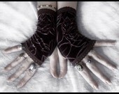 Epona Velvet Fingerless Gloves - Rich Dark Chocolate Brown - Rose Embossed - Gothic Lolita Vampire Victorian Mourning Wedding Goth Fetish