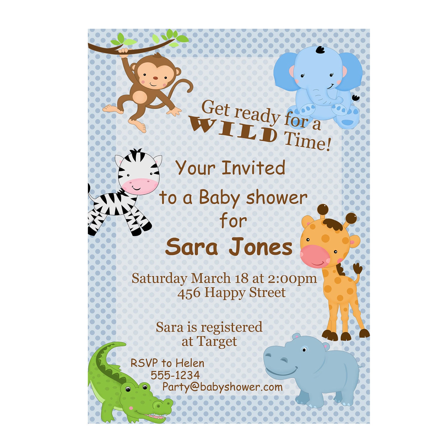 Safari Animals Invitations - Blue Polka Dots, a Digital Printable Baby Shower Invite
