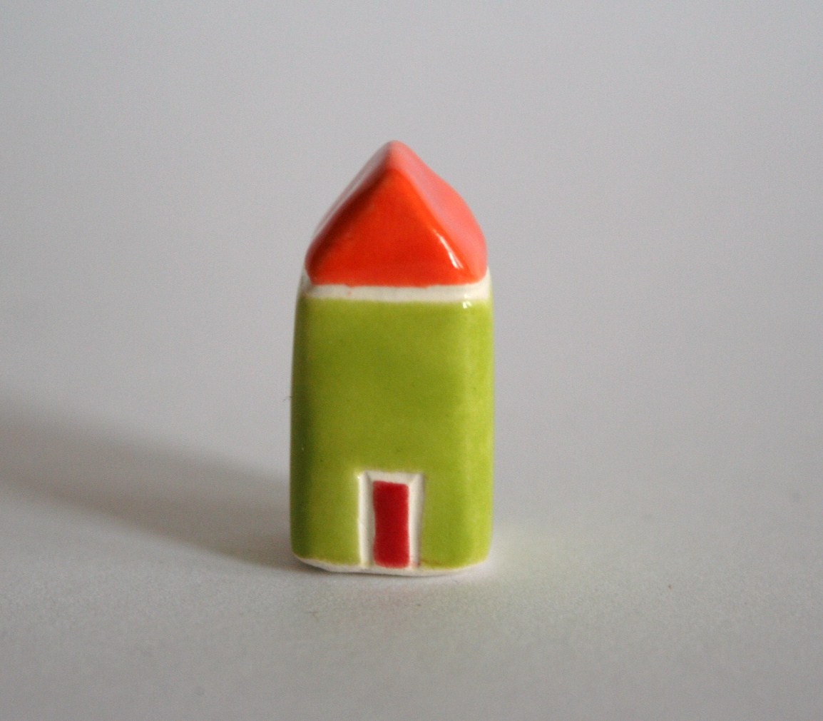 Little Clay House - orange lime green - Miniature Ceramic Cottage